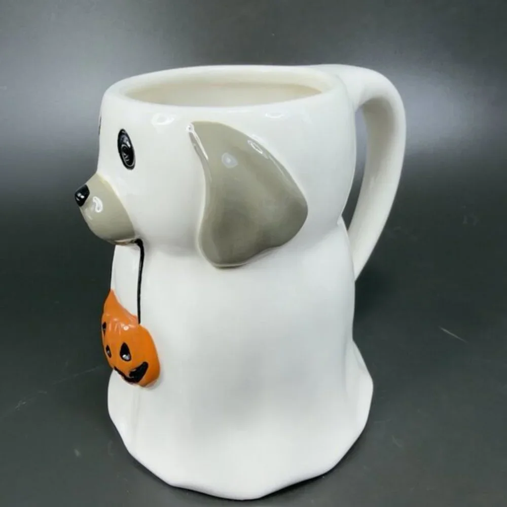 Pottery Barn Ceramic Dog Ghost Holding A Pumpkin Coffee Mug Cup Whimsical 25oz‎